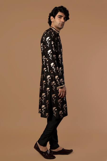 Masaba_Black Raw Silk Periwinkle Foil Print Kurta_Online_at_Aza_Fashions