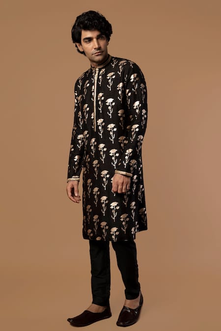 Buy_Masaba_Black Raw Silk Periwinkle Foil Print Kurta_Online_at_Aza_Fashions