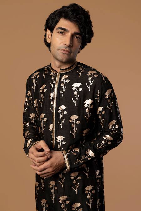 Masaba_Black Raw Silk Periwinkle Foil Print Kurta_at_Aza_Fashions