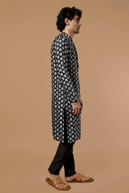 Masaba_Black Raw Silk Star Puff Print Kurta_Online_at_Aza_Fashions