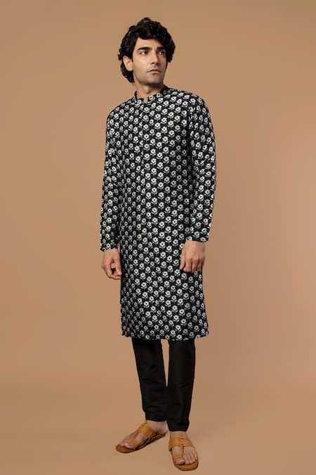 Shop_Masaba_Black Raw Silk Star Puff Print Kurta_Online_at_Aza_Fashions