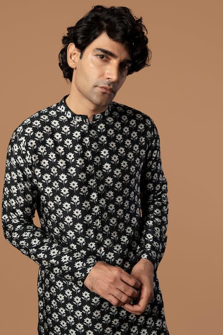 Masaba_Black Raw Silk Star Puff Print Kurta_at_Aza_Fashions