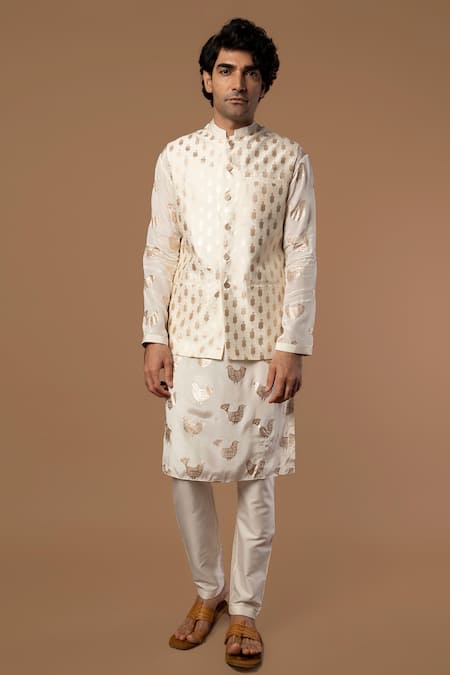 Shop_Masaba_White Bundi And Pant Raw Silk, Kurta Crepe Teardrop Foil Print & Set_Online_at_Aza_Fashions