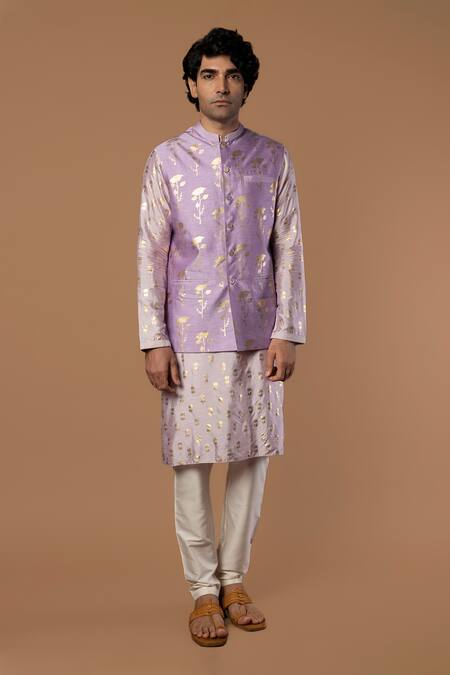 Buy Masaba Purple Raw Silk Periwinkle Foil Print Bundi And Kurta Set Online at Aza Fashions Buy_Masaba_Purple Raw Silk Periwinkle Foil Print Bundi And Kurta Set_Online_at_Aza_Fashions