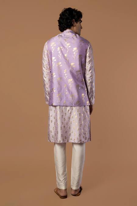 Shop Masaba Purple Raw Silk Periwinkle Foil Print Bundi And Kurta Set at Aza Fashions Shop_Masaba_Purple Raw Silk Periwinkle Foil Print Bundi And Kurta Set_at_Aza_Fashions
