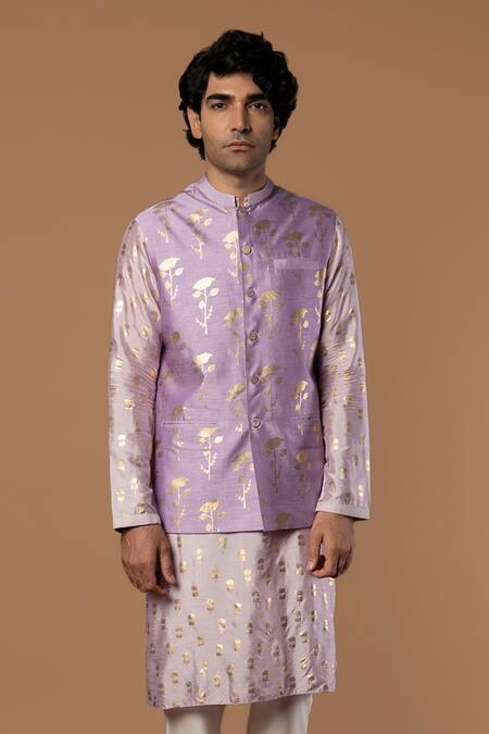 Masaba Purple Raw Silk Periwinkle Foil Print Bundi And Kurta Set at Aza Fashions Masaba_Purple Raw Silk Periwinkle Foil Print Bundi And Kurta Set_at_Aza_Fashions