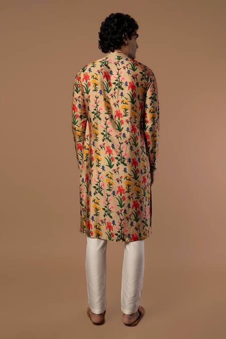 Shop_Masaba_Beige Raw Silk Autumn Bouquet Print Kurta_at_Aza_Fashions