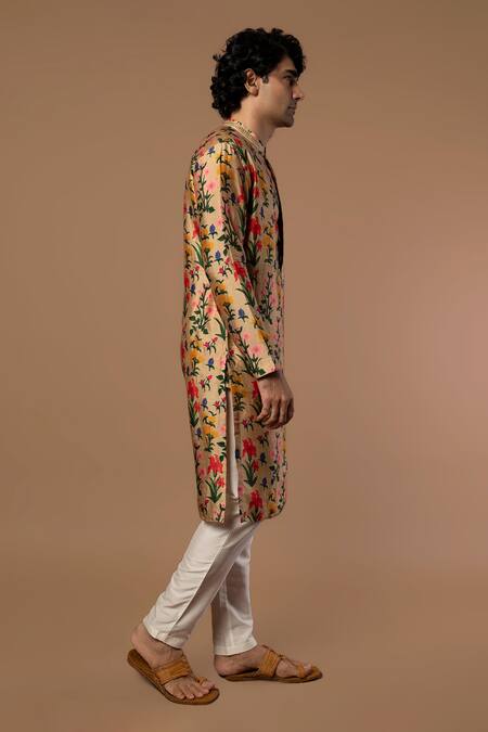 Masaba_Beige Raw Silk Autumn Bouquet Print Kurta_Online_at_Aza_Fashions