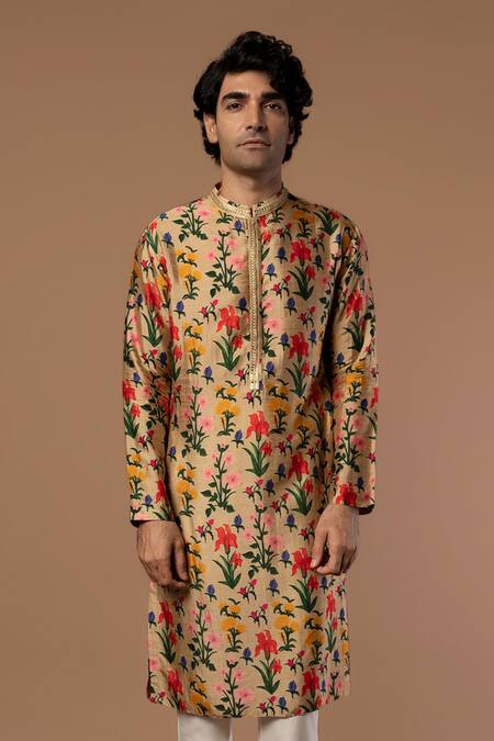 Buy_Masaba_Beige Raw Silk Autumn Bouquet Print Kurta_Online_at_Aza_Fashions