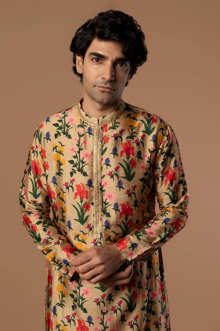 Masaba_Beige Raw Silk Autumn Bouquet Print Kurta_at_Aza_Fashions