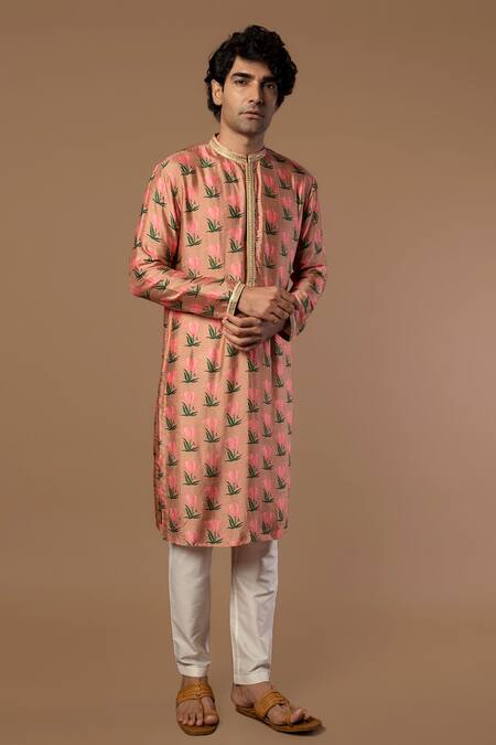 Shop_Masaba_Pink Raw Silk Tulip Print Kurta_Online_at_Aza_Fashions
