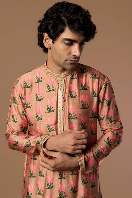 Masaba_Pink Raw Silk Tulip Print Kurta_at_Aza_Fashions