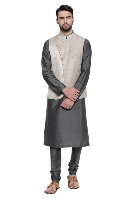 Buy Mayank Modi - Men Beige Silk Jaquard Overlap Style Nehru Jacket Online at Aza Fashions Buy_Mayank Modi - Men_Beige Silk Jaquard Overlap Style Nehru Jacket_Online_at_Aza_Fashions