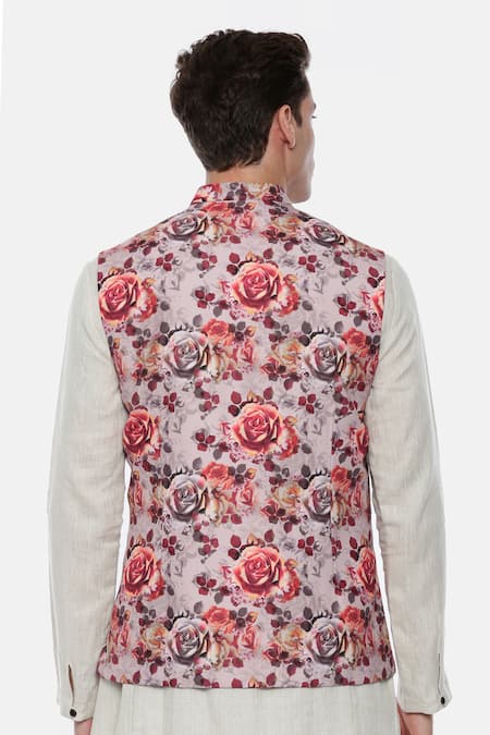 Shop_Mayank Modi - Men_Pink 100% Linen, Silk Jacquard Printed Nehru Jacket _at_Aza_Fashions