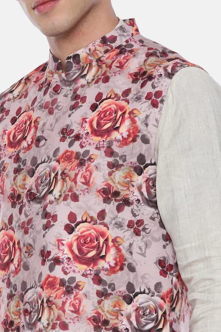 Shop_Mayank Modi - Men_Pink 100% Linen, Silk Jacquard Printed Nehru Jacket _Online_at_Aza_Fashions