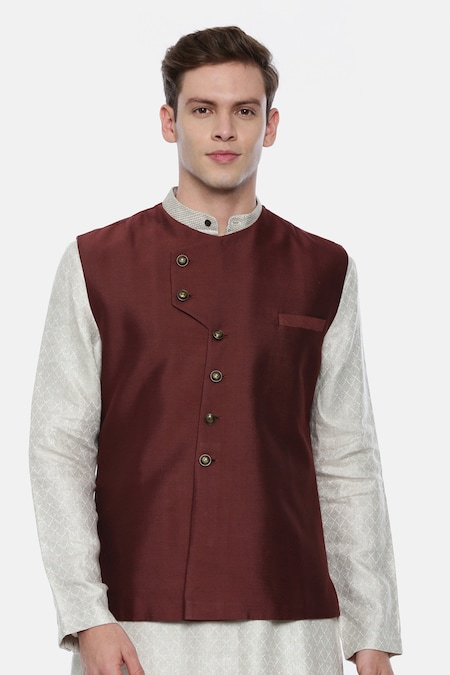 House of Pataudi Men Red Embroidered Jashn Nehru Jacket - Absolutely Desi