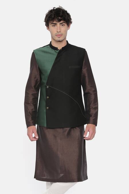 Shop_Mayank Modi - Men_Black Cotton, Silk Colorblock Overlap Nehru Jacket For Kids_Online_at_Aza_Fashions