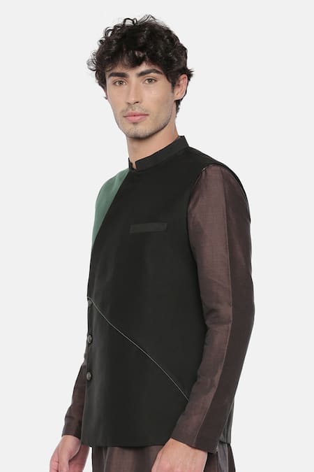 Mayank Modi - Men_Black Cotton, Silk Colorblock Overlap Nehru Jacket For Kids_Online_at_Aza_Fashions