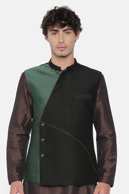Buy_Mayank Modi - Men_Black Cotton, Silk Colorblock Overlap Nehru Jacket For Kids_Online_at_Aza_Fashions