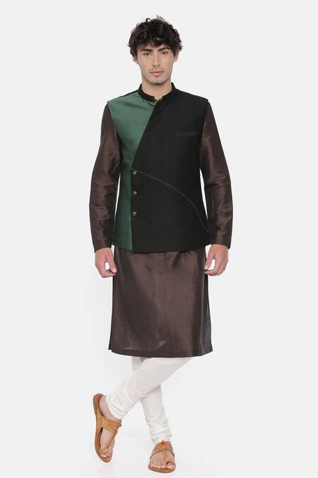 Mayank Modi - Men_Black Cotton, Silk Colorblock Overlap Nehru Jacket For Kids_at_Aza_Fashions