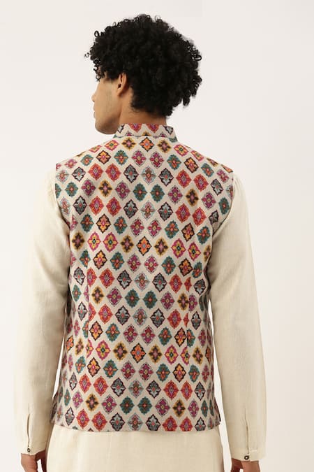 Shop_Mayank Modi - Men_Beige Chanderi Printed Bundi _at_Aza_Fashions