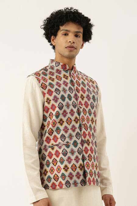Mayank Modi - Men_Beige Chanderi Printed Bundi _Online_at_Aza_Fashions