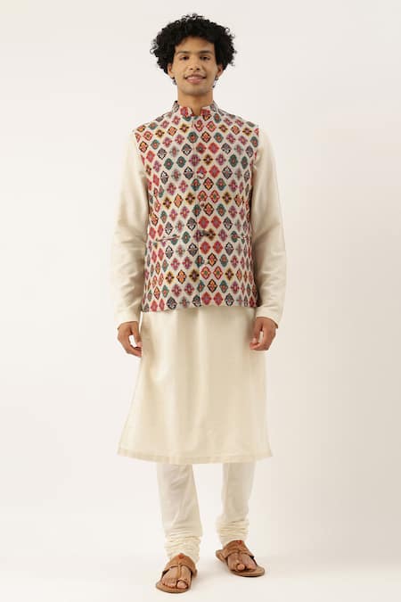 Buy_Mayank Modi - Men_Beige Chanderi Printed Bundi _Online_at_Aza_Fashions