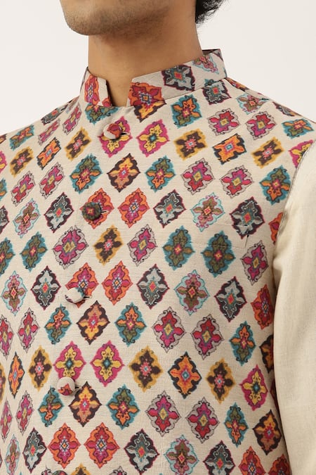 Shop_Mayank Modi - Men_Beige Chanderi Printed Bundi _Online_at_Aza_Fashions