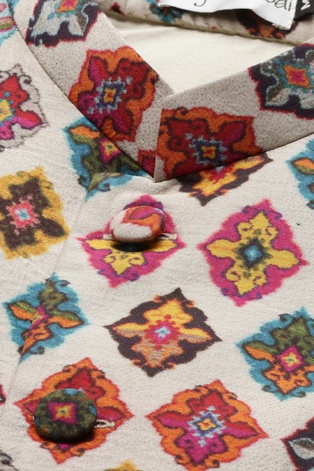 Mayank Modi - Men_Beige Chanderi Printed Bundi _at_Aza_Fashions