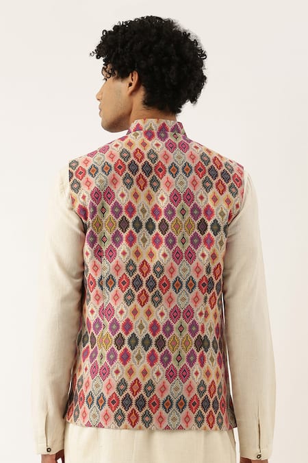 Shop Mayank Modi - Men Beige Chanderi Printed Bundi at Aza Fashions Shop_Mayank Modi - Men_Beige Chanderi Printed Bundi _at_Aza_Fashions