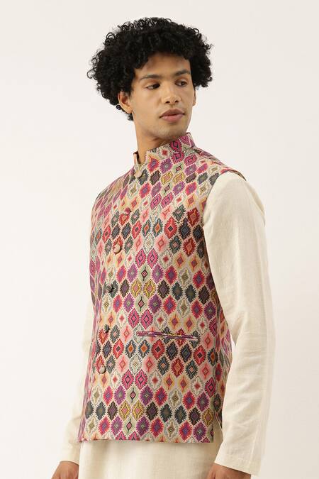 Buy Mayank Modi - Men Beige Chanderi Printed Bundi Online at Aza Fashions Buy_Mayank Modi - Men_Beige Chanderi Printed Bundi _Online_at_Aza_Fashions