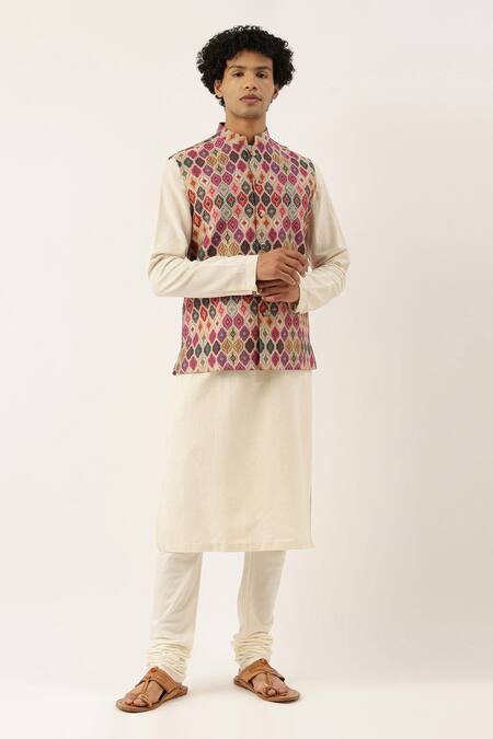 Shop Mayank Modi - Men Beige Chanderi Printed Bundi Online at Aza Fashions Shop_Mayank Modi - Men_Beige Chanderi Printed Bundi _Online_at_Aza_Fashions