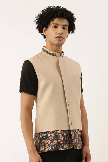 Mayank Modi - Men_Beige Chanderi Printed Bundi _Online_at_Aza_Fashions