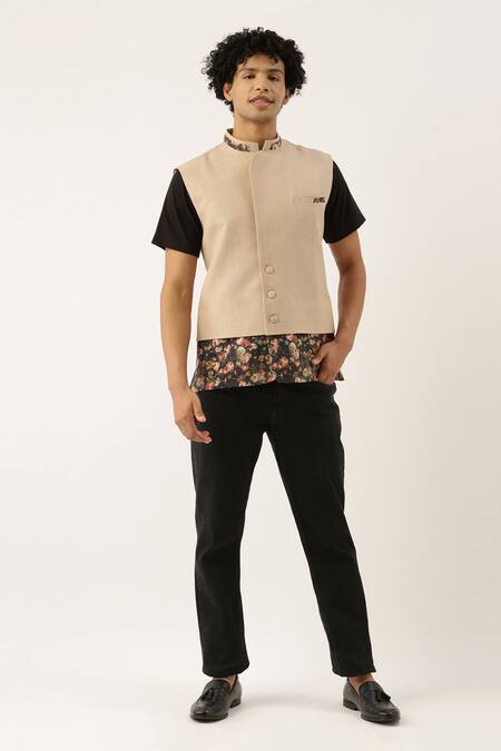 Buy_Mayank Modi - Men_Beige Chanderi Printed Bundi _Online_at_Aza_Fashions