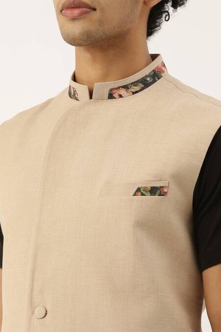 Shop_Mayank Modi - Men_Beige Chanderi Printed Bundi _Online_at_Aza_Fashions