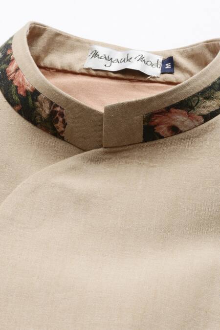 Mayank Modi - Men_Beige Chanderi Printed Bundi _at_Aza_Fashions