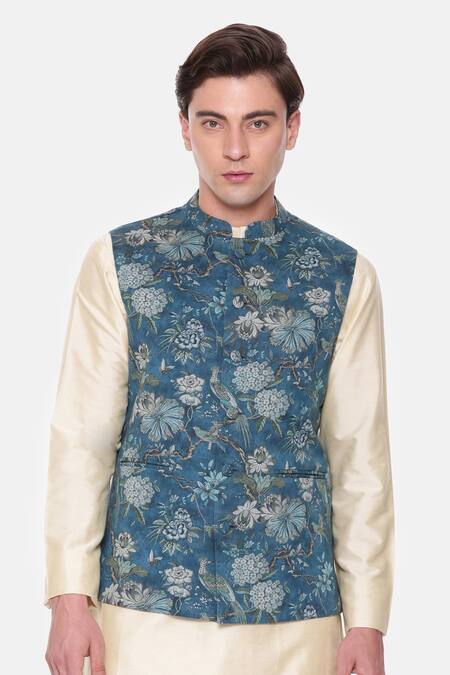 Mayank Modi - Men_Blue Cotton Botanical Print Bundi For Kids_Online_at_Aza_Fashions