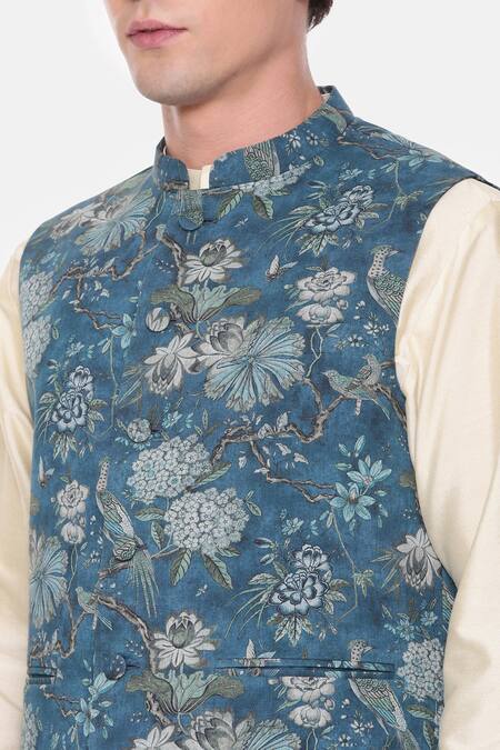 Mayank Modi - Men_Blue Cotton Botanical Print Bundi For Kids_at_Aza_Fashions