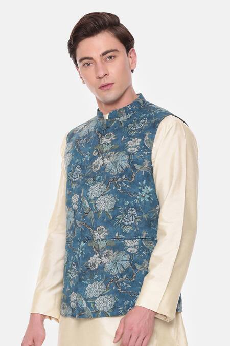 Buy_Mayank Modi - Men_Blue Cotton Botanical Print Bundi For Kids_Online_at_Aza_Fashions