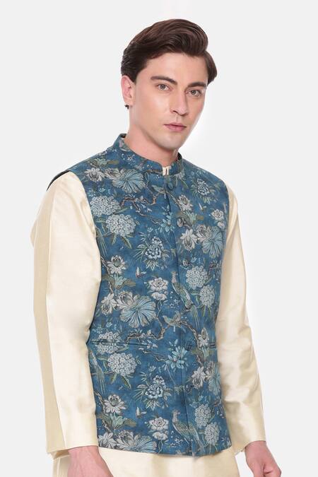 Shop_Mayank Modi - Men_Blue Cotton Botanical Print Bundi For Kids_Online_at_Aza_Fashions