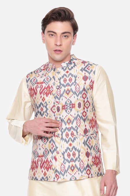 Mayank Modi - Men_Beige Cotton And Red Ikat Print Bundi _Online_at_Aza_Fashions