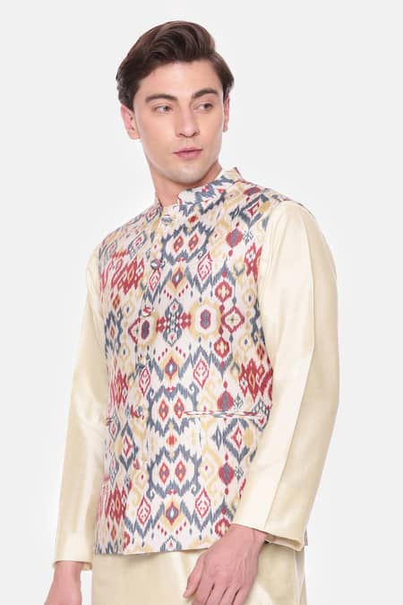 Buy_Mayank Modi - Men_Beige Cotton And Red Ikat Print Bundi _Online_at_Aza_Fashions