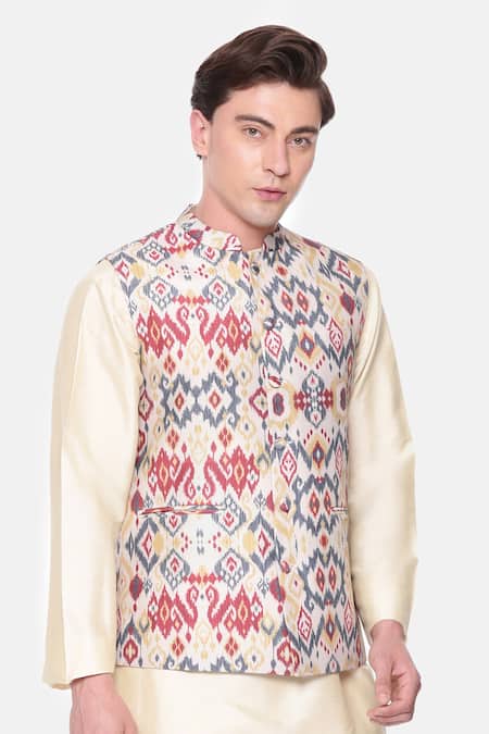 Shop_Mayank Modi - Men_Beige Cotton And Red Ikat Print Bundi _Online_at_Aza_Fashions