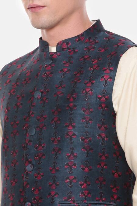 Mayank Modi - Men_Blue Chanderi Floral Print Bundi For Kids_Online_at_Aza_Fashions