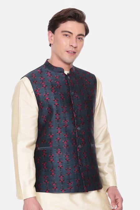 Shop_Mayank Modi - Men_Blue Chanderi Floral Print Bundi For Kids_Online_at_Aza_Fashions