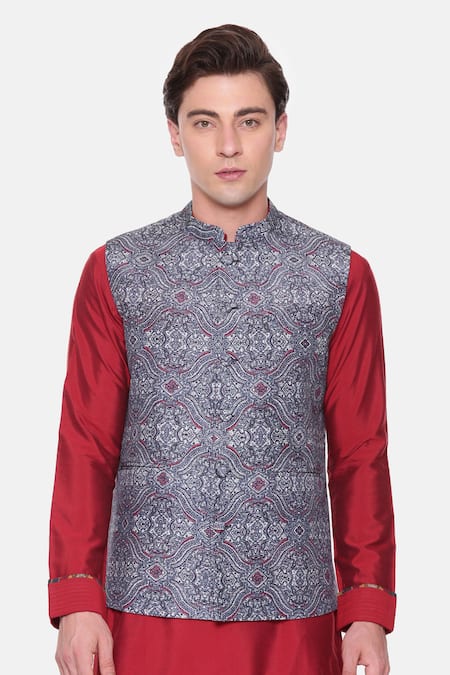Mayank Modi - Men_Blue Vintage Print Bundi _Online_at_Aza_Fashions