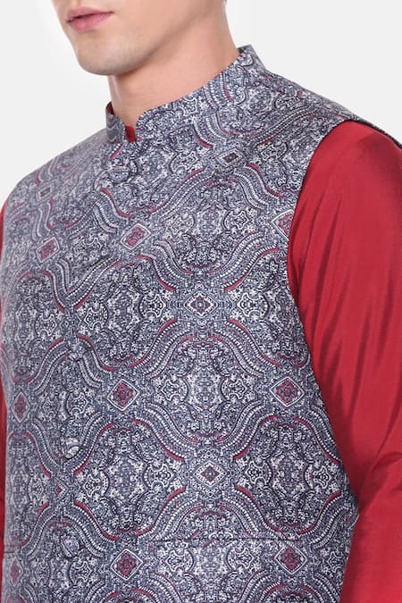 Buy_Mayank Modi - Men_Blue Vintage Print Bundi _Online_at_Aza_Fashions