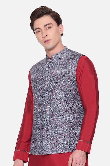 Shop_Mayank Modi - Men_Blue Vintage Print Bundi _Online_at_Aza_Fashions