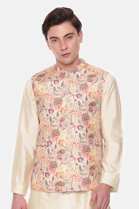 Mayank Modi - Men_Peach Muslin Jacobean Print Bundi For Kids_Online_at_Aza_Fashions