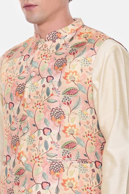 Mayank Modi - Men_Peach Muslin Jacobean Print Bundi For Kids_at_Aza_Fashions